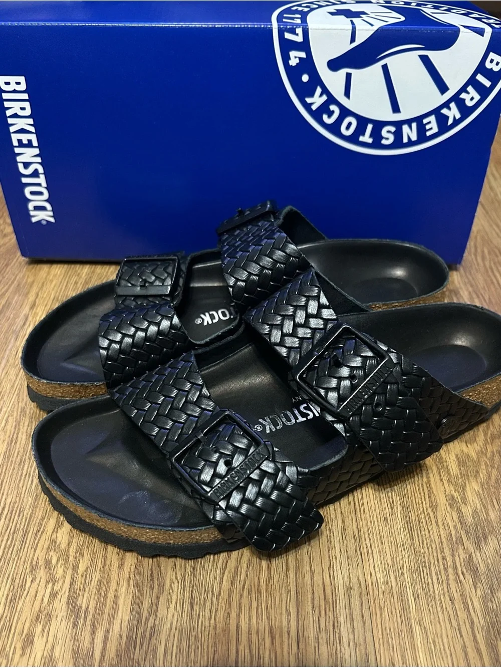 BIRKENSTOCK Arizona embossed black leather gladiator sandals slippers shoes 38